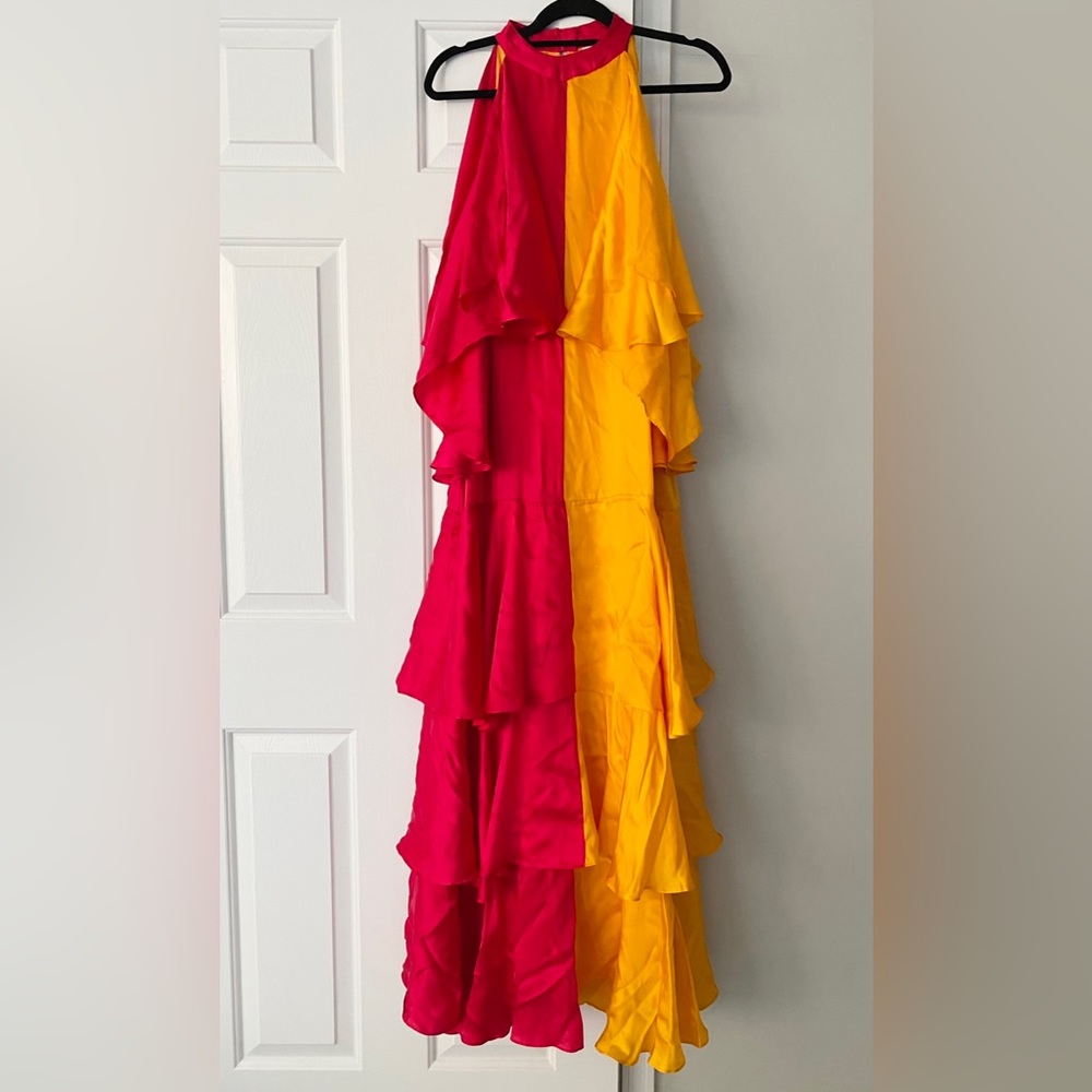 Pinnacle By Shruti Sancheti Mock-Neck Colorblock Ruffle Dress, Size S - Picture 6 of 8